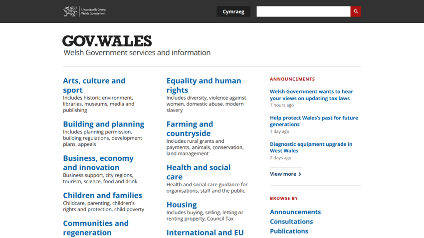 Welsh Government services and information homepage with various service categories listed.