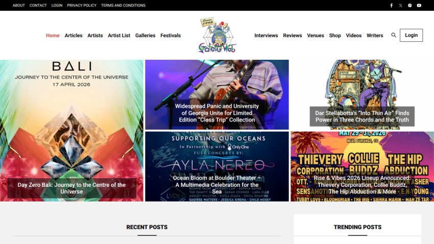 Homepage featuring Bali travel journey, music event, and cultural articles with navigation menu and recent posts section