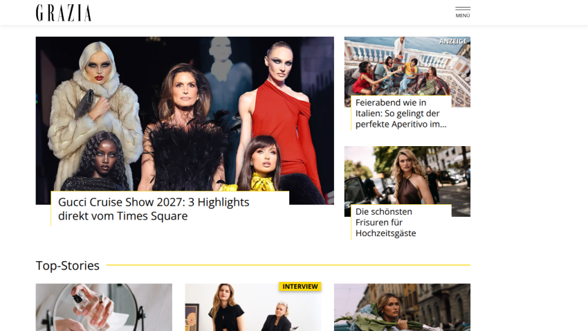 Fashion website featuring Gucci Cruise Show highlights and top stories.