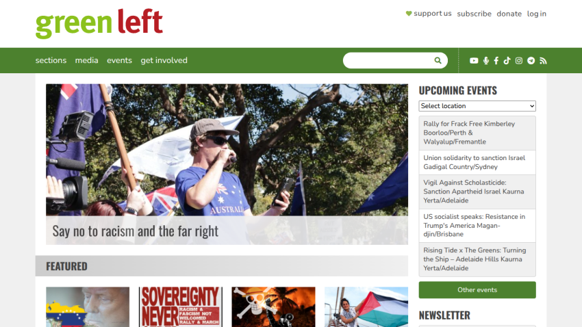 Homepage of Green Left with a call to action against racism and the far right.