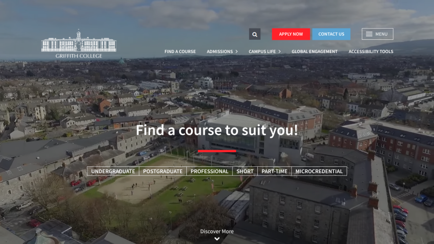 Griffith College homepage with aerial view and course options including undergraduate, postgraduate, and professional