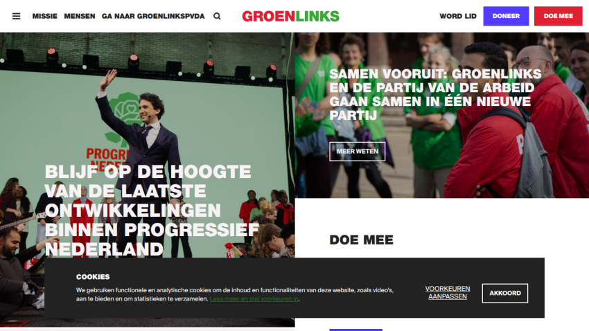GroenLinks website featuring a political message and a call to action to join the party.