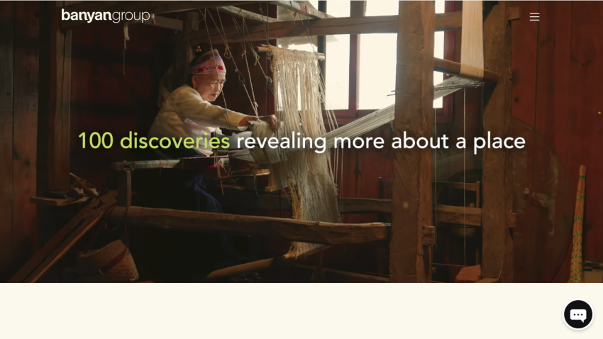 Banyan Group website hero with text '100 discoveries revealing more about a place' and image of person weaving