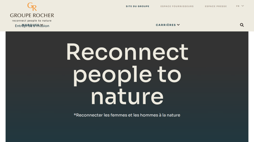 Groupe Rocher website header with navigation and hero text 'Reconnect people to nature'