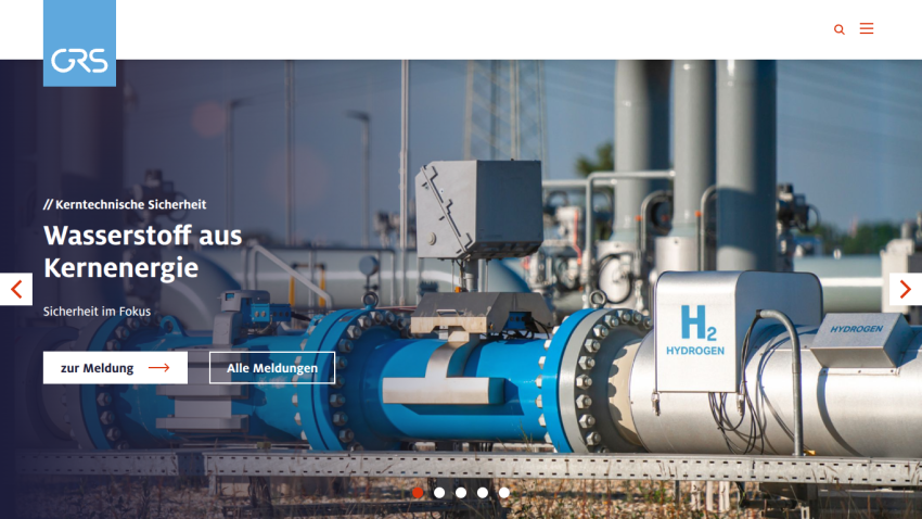 Website hero section about hydrogen from nuclear energy with safety focus and navigation options