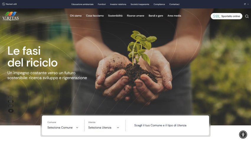 Website header with navigation and hero section showing hands holding a small plant with text about recycling phases and sustainability commitment