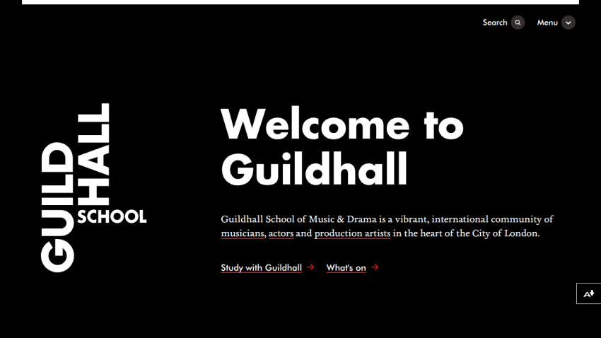 Guildhall School welcome page with introduction and links to study and events