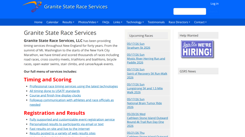 Granite State Race Services homepage with services overview and upcoming events listed.