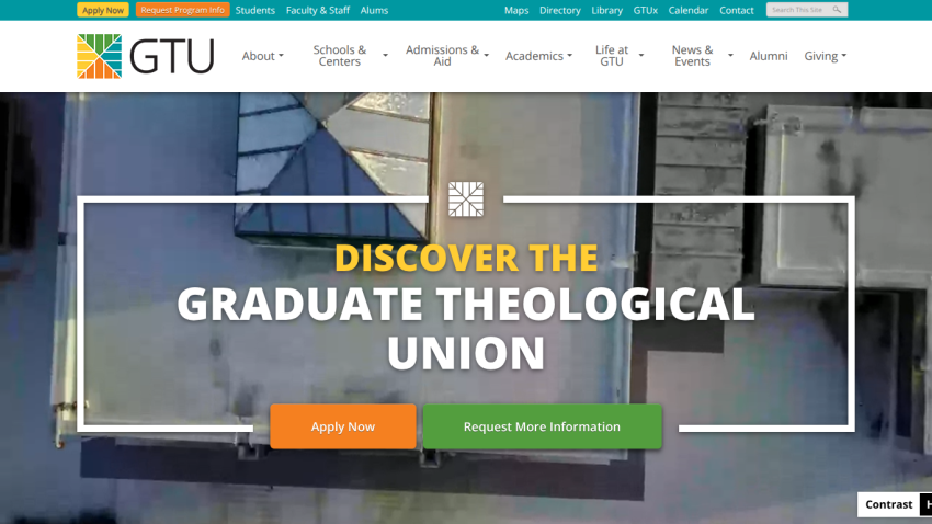 Graduate Theological Union homepage with navigation and call-to-action buttons for applying and requesting information