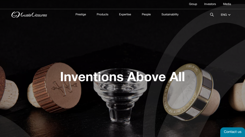 Guala Closures website with navigation menu and tagline 'Inventions Above All' over product images