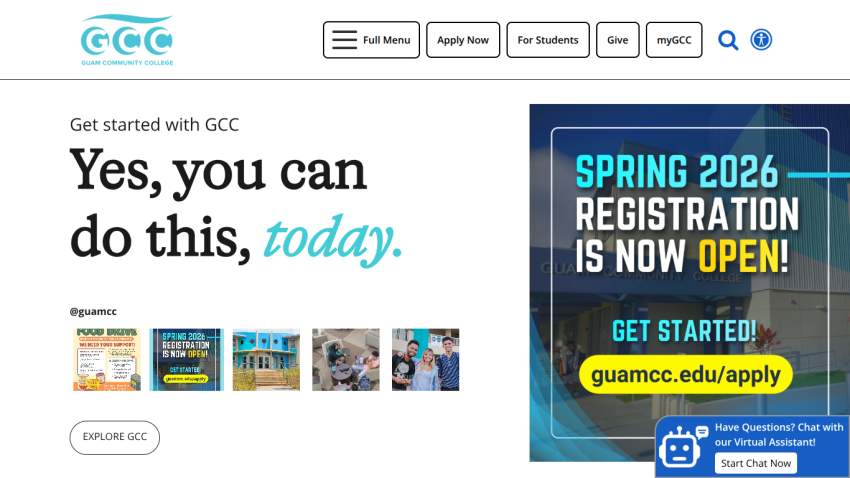 Guam Community College homepage with call to action for spring 2026 registration and application link