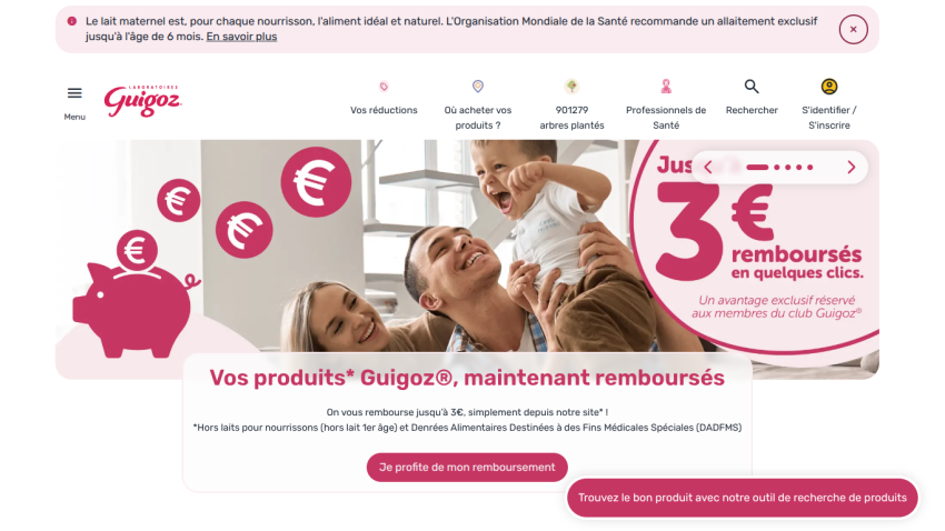 Guigoz website offering up to 3€ cashback on products with smiling family image and navigation menu
