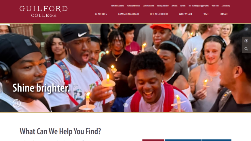Guilford College homepage with navigation and hero image of students holding candles and headline 'Shine brighter.'
