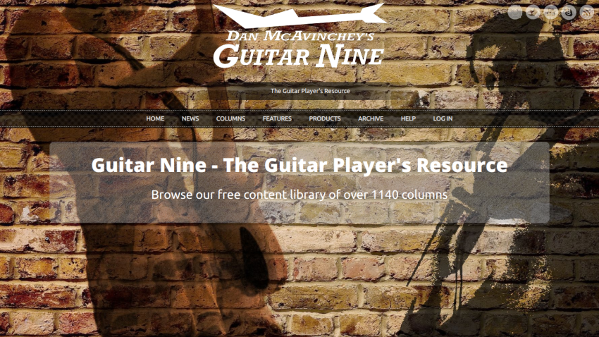 Guitar Nine homepage with navigation menu and headline about free content library of over 1140 guitar columns