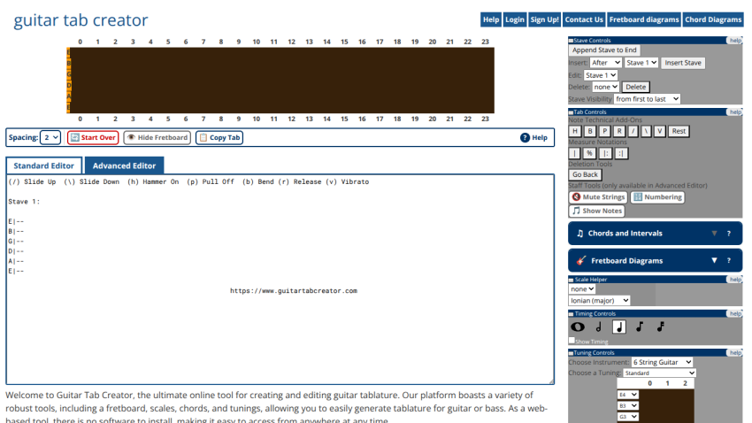 Guitar tab creator interface with fretboard and editing tools displayed.