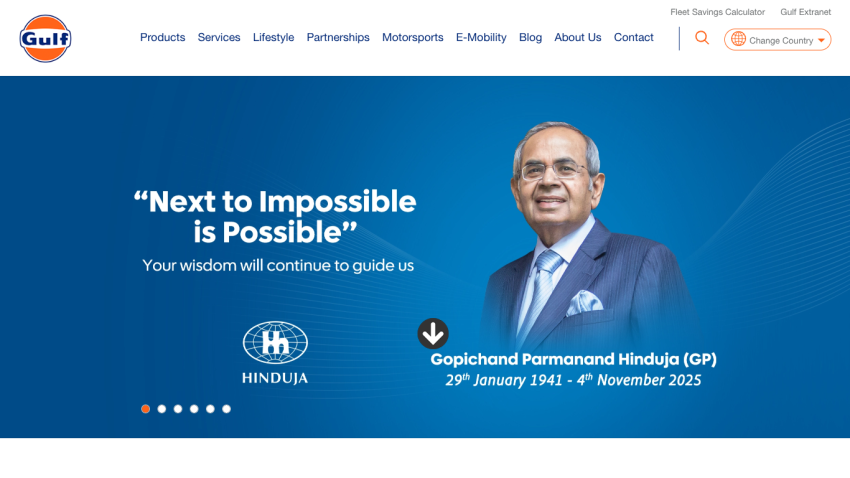 Gulf website hero section with tribute quote and image of Gopichand Parmanand Hinduja, navigation menu visible.