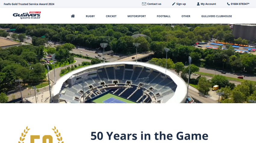 Gullivers Sports Travel website header with navigation and aerial stadium image, celebrating 50 years in the game