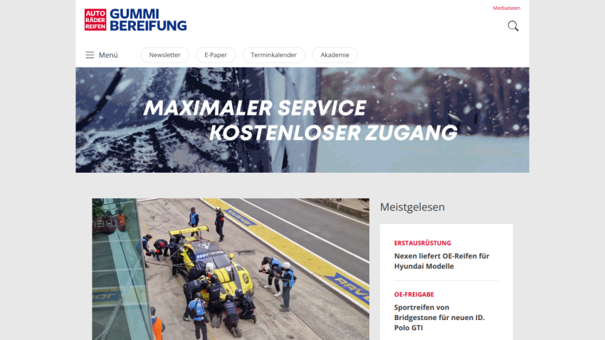 Homepage of Gummi Bereifung featuring a promotional banner and news articles.