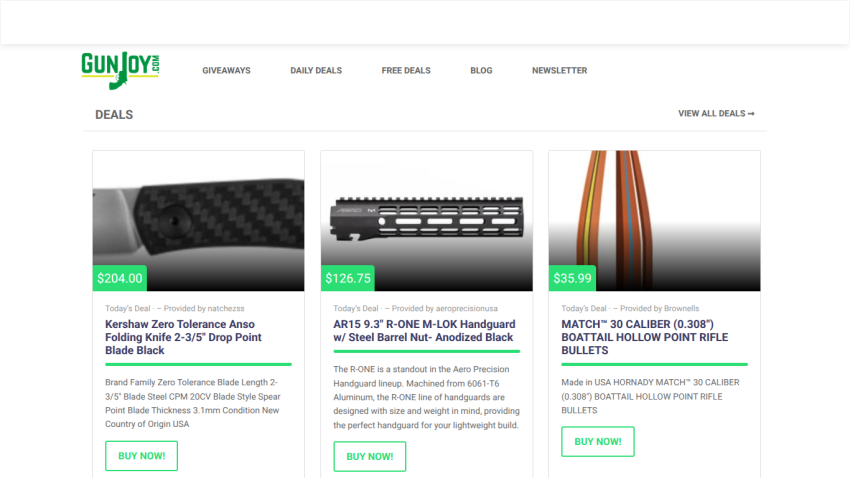 GunJoy deals page showing three product deals including a folding knife, AR15 handguard, and rifle bullets with prices and buy buttons.