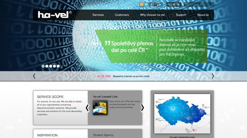 ha-vel website with navigation menu, a data transmission quote in Czech, service scope description, and a coverage map of the Czech Republic