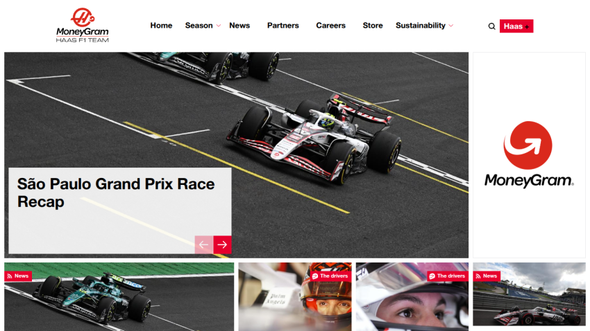 Haas F1 Team website showing São Paulo Grand Prix race recap with navigation menu and sponsor logo