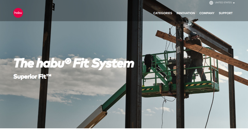 Construction worker on lift with text The habu Fit System Superior Fit and navigation menu
