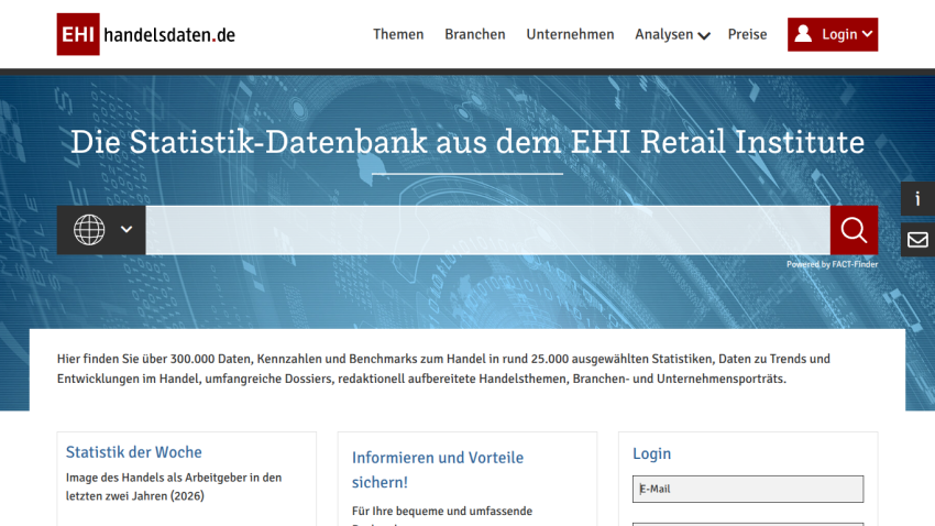 EHI Retail Institute homepage featuring a search bar and links to statistics and analysis.