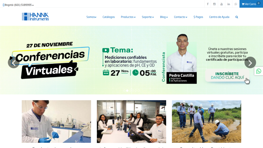 Hanna Instruments website promoting virtual conferences on reliable laboratory measurements with speaker Pedro Castilla