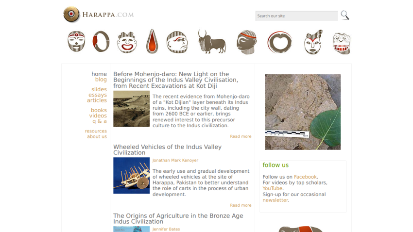 Homepage of Harappa.com featuring articles on ancient civilization and archaeology.