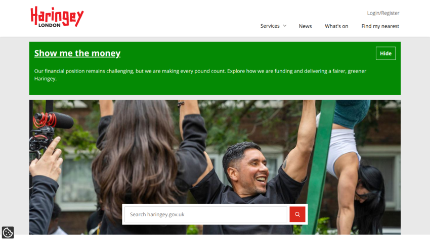 Haringey Council homepage featuring a call to action and a search bar.