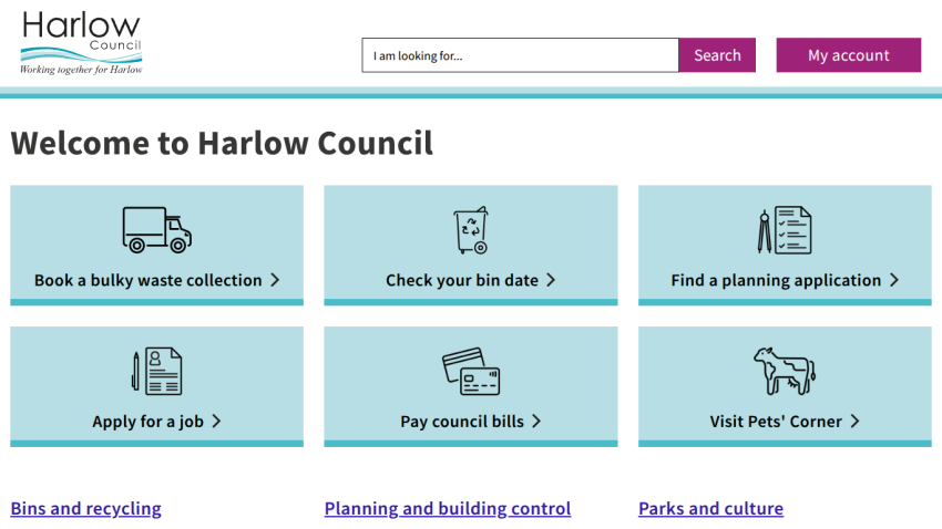 Harlow Council homepage with search bar, account access, and quick links for waste collection, bin dates, planning, jobs, bills, and pets