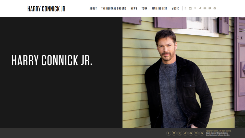 Website header with navigation and a hero section featuring Harry Connick Jr. name and portrait