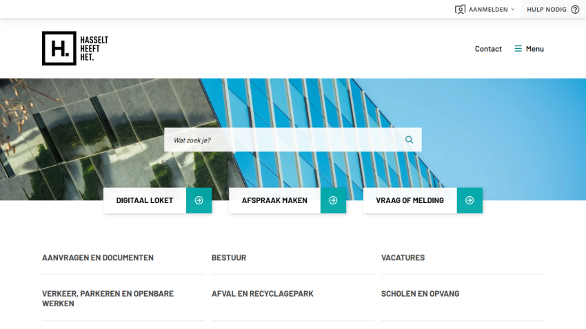 City of Hasselt website with search bar and quick links for digital counter, appointments, and inquiries.
