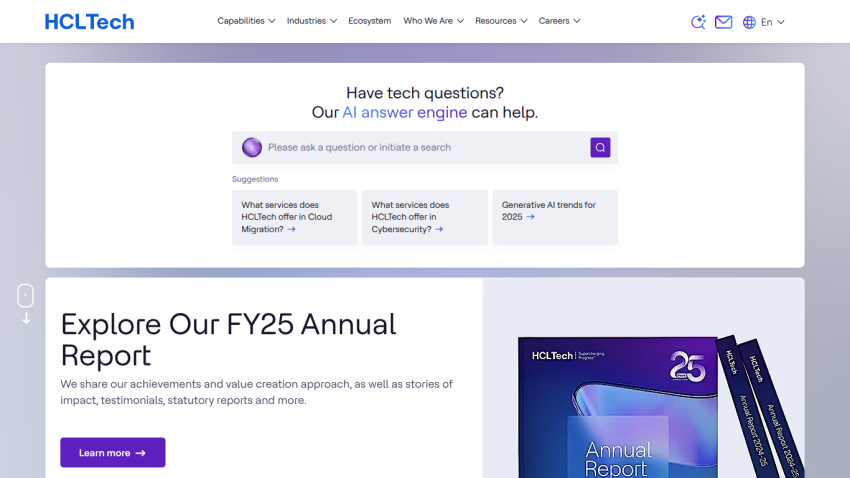 HCLTech homepage featuring FY25 Annual Report with navigation and AI assistance section.