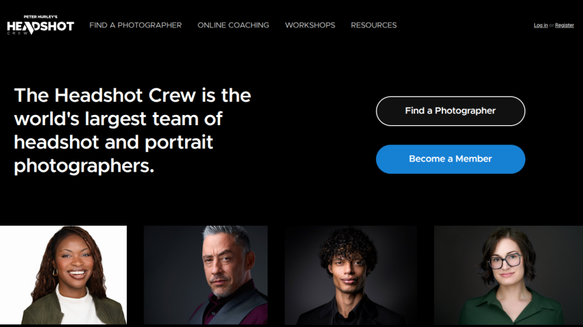 The Headshot Crew offers a team of headshot and portrait photographers with a call to action to find a photographer.