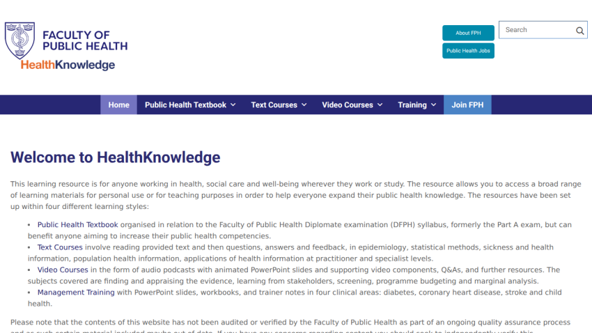 HealthKnowledge learning resource homepage offering public health textbook, text courses, video courses, and management training.