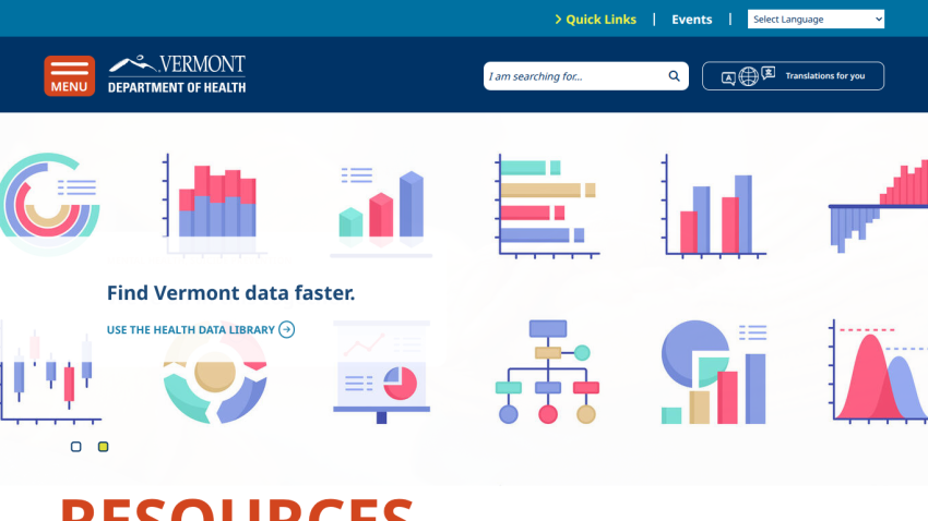 Vermont Department of Health website featuring data visualizations and a search bar.