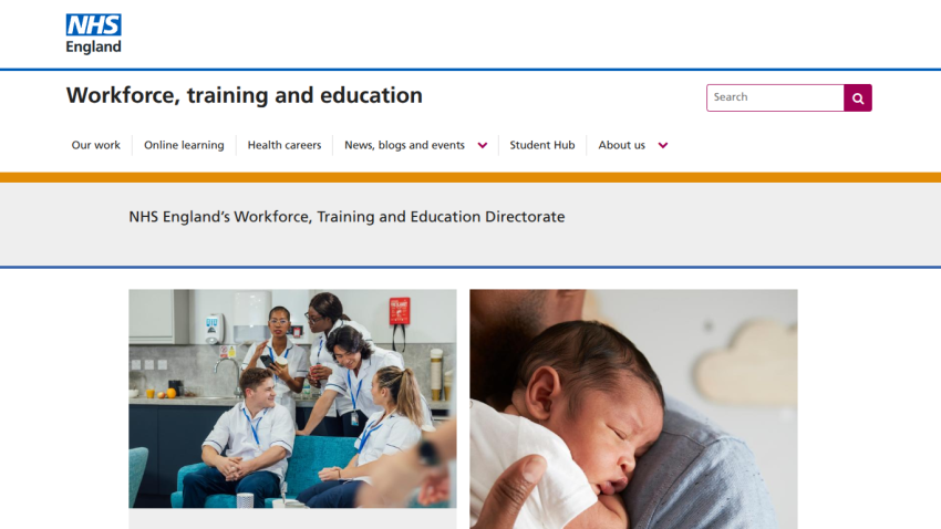 NHS England's Workforce, Training and Education page with images of healthcare professionals and a baby.