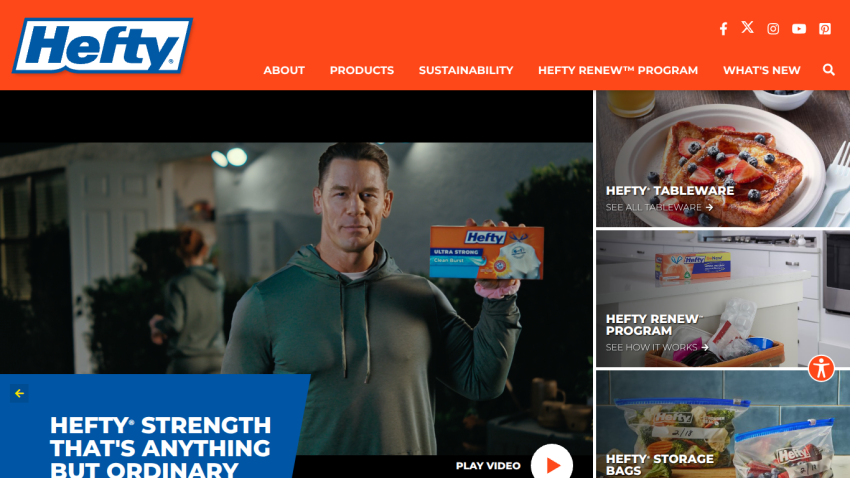 Hefty website header with navigation and hero section featuring a man holding Hefty Ultra Strong Clean Burst product and links to tableware, renew program, and storage bags.