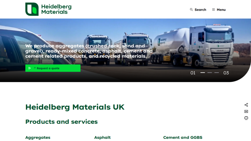 Heidelberg Materials UK homepage with hero image of trucks and text about aggregates, concrete, asphalt, cement, and recycled materials