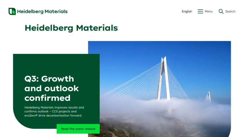 Heidelberg Materials homepage with Q3 growth and outlook confirmed headline and a bridge image