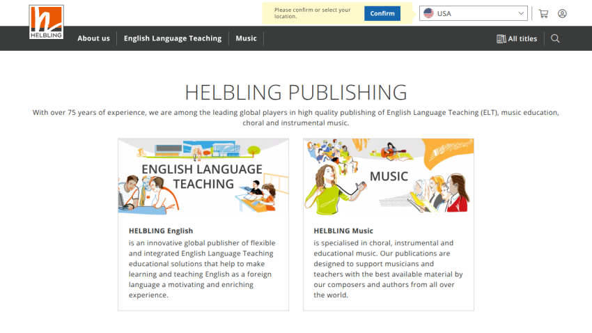 Helbling Publishing homepage with navigation and sections on English language teaching and music resources