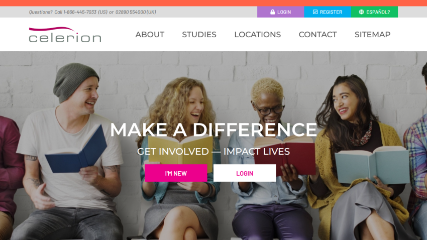 Celerion website with navigation and hero section encouraging involvement with 'Make a Difference' and options to register or login