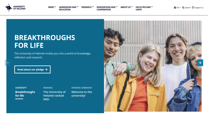 University homepage featuring diverse students and the tagline 'Breakthroughs for Life'.