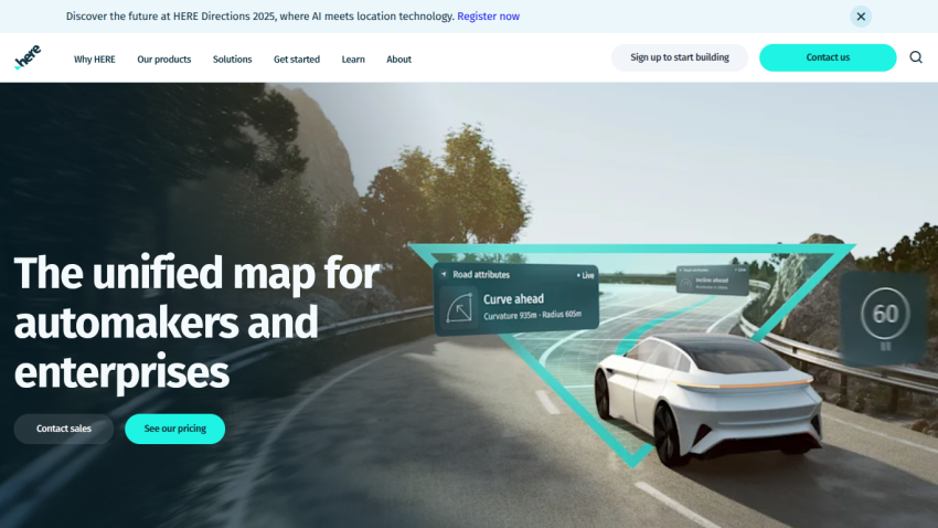 Homepage featuring a car on a road with the text 'The unified map for automakers and enterprises.'