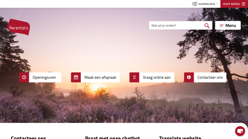 Herentals website with search bar, menu, and options for opening hours, appointments, online requests, and contact