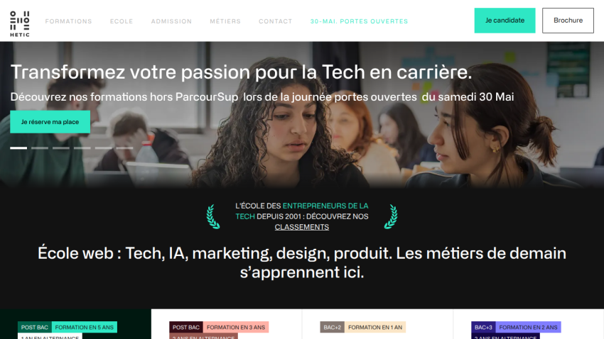 Website promoting tech career training with a call to action and course details.