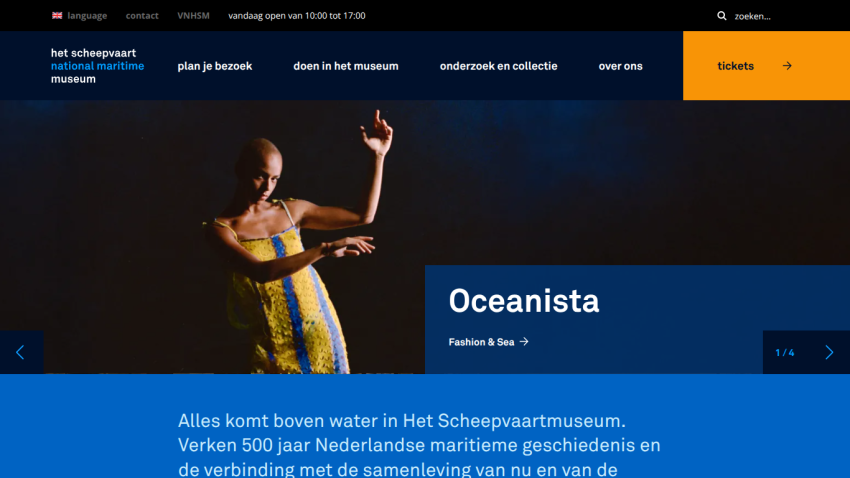 Het Scheepvaart National Maritime Museum homepage with navigation and Oceanista Fashion & Sea feature