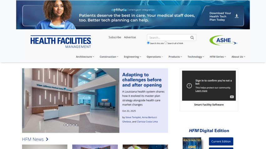 Health Facilities Management homepage with article on Louisiana health system master plan and technology planning ad.