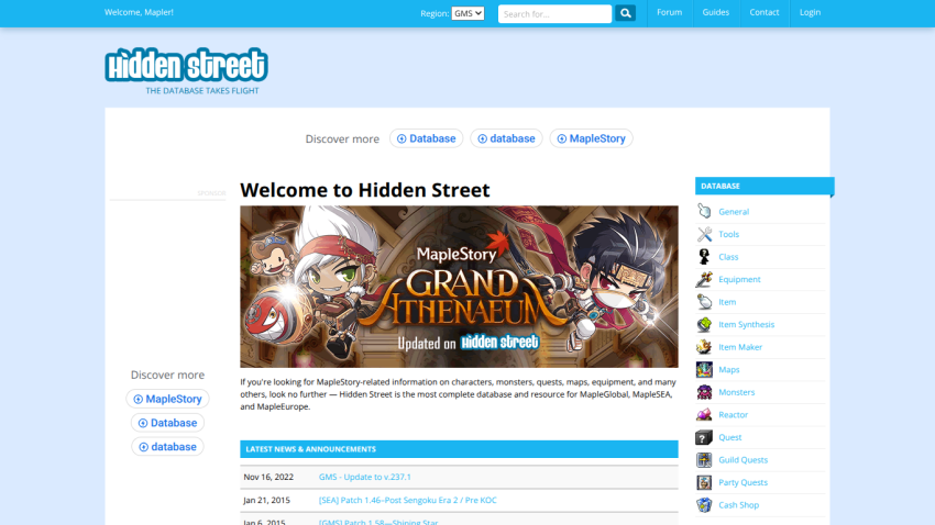 Hidden Street homepage with MapleStory Grand Athenaeum banner, navigation links, and latest news section